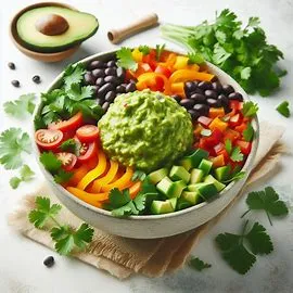 Burrito bowl with rice, beans, grilled chicken, salsa, lettuce, and guacamole in a round bowl.