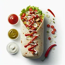Close-up of a Chipotle burrito stuffed with fresh ingredients like rice, beans, meat, and cheese , Delicious Chipotle burrito filled with grilled chicken, black beans, and salsa.