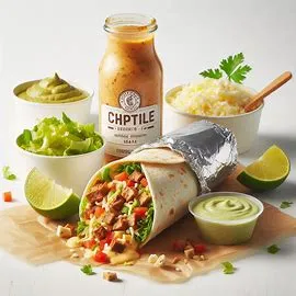 A freshly made Chipotle burrito wrapped in a warm flour tortilla, filled with rice, beans, chicken, salsa, and cheese.