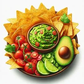 chipotle guacamole bowl, tortilla chips with guac, chipotle avocado dip, chipotle snack combo, guac with lime, mexican guacamole dip, fresh chipotle snack, chipotle classic sides, creamy avocado blend, chipotle party snack.