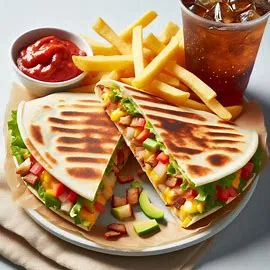 Cheesy Chipotle Kids Quesadilla cut into bite-sized triangles on a plate. Soft flour tortilla quesadilla filled with melted cheese for kids at Chipotle.