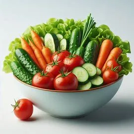 Fresh garden salad with lettuce, cherry tomatoes, cucumbers, and red onions in a white bowl.