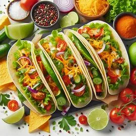 Three beef tacos with lettuce, tomato, and cheese served on a white plate with a lime wedge.