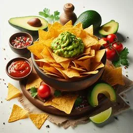 Crispy tortilla chips served with a side of fresh guacamole in a small cup.
