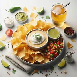 Crispy tortilla chips served with a side of warm queso blanco in a bowl.
