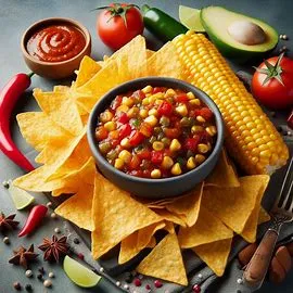 Tortilla chips served with roasted chili-corn salsa in a small dipping cup.
