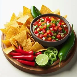 Crispy tortilla chips served with a side of Tomatillo-Red Chili Salsa in a small dipping cup.