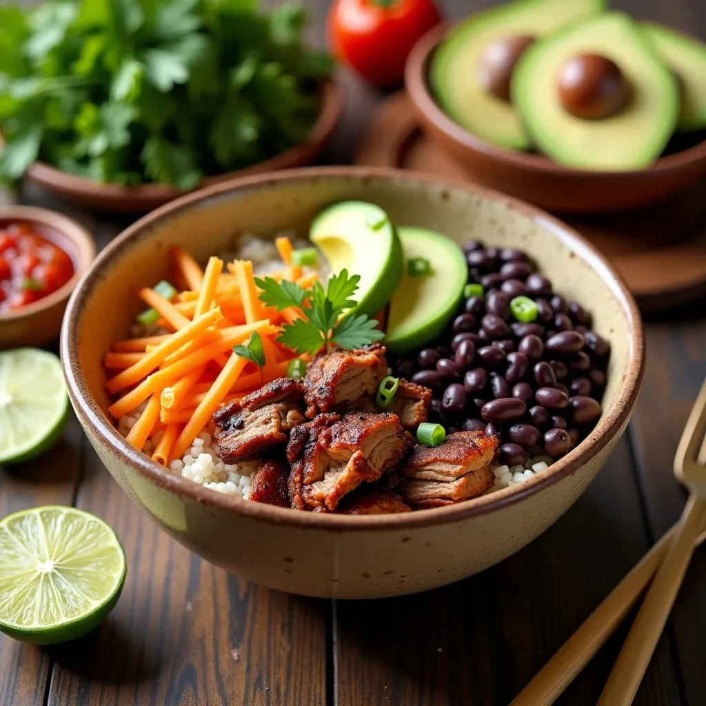 Chipotle Carnitas Nutrition bowl with toppings, Healthy Chipotle Carnitas Nutrition meal ,Chipotle ,Carnitas Nutrition with rice and beans

